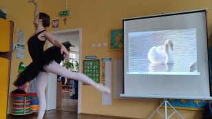 Baletnica wykonuje taniec stojąc na jednej nodze, drugą ma uniesioną do tyłu, w tle widać białego łabędzia