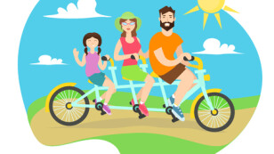 rodzina z dziećmi na rowerach ilustracja