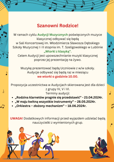 Ogłoszenie na temat udziału dzieci w audycjach muzycznych w Szkole Muzycznej im. T. Szeligowskiego w Lublinie